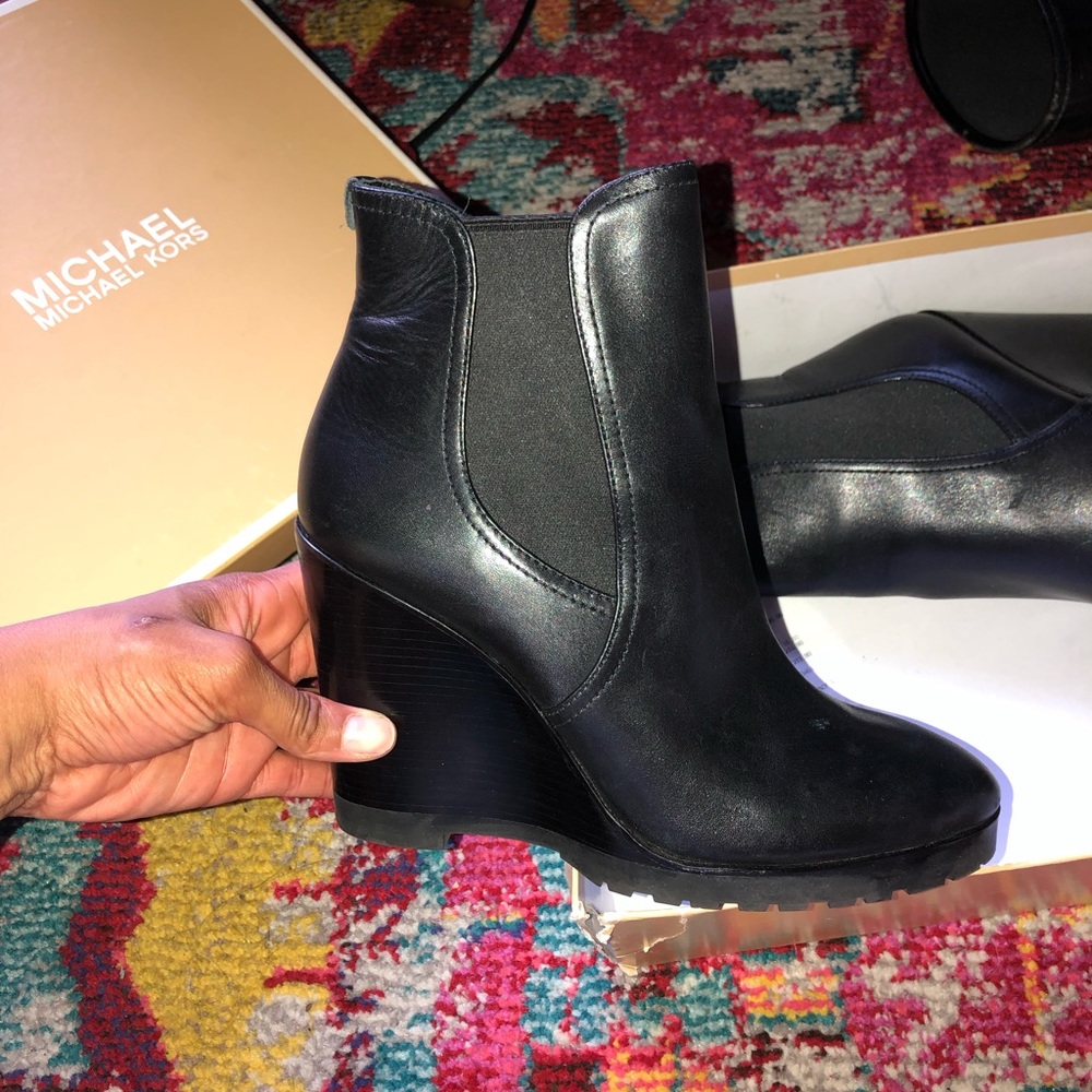 Brand New Michael Kors Black Leather Wedge Boots